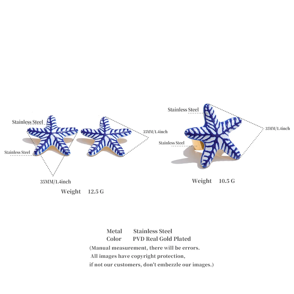 Blue Imitation Ceramic Starfish Stud Earrings & Ring Set