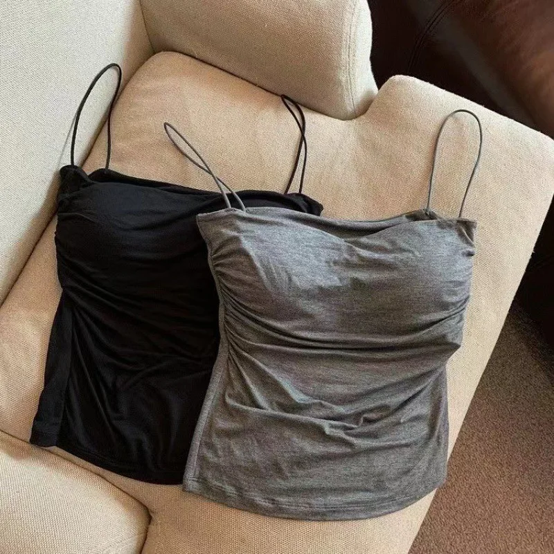 Tank Top Wanita dengan Bra bawaan Tank tali Spaghetti untuk wanita warna Solid kasual musim panas Camis wanita gaya Korea Dropship