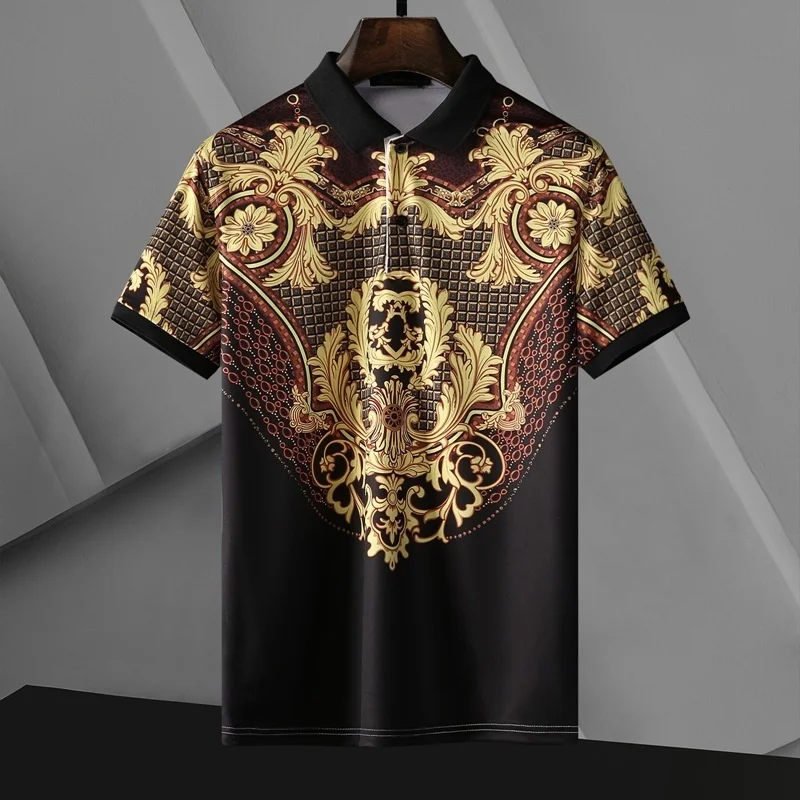 Summer Men Fashion Casual Short-sleeved T-shirt Baroque Black Gold Pattern Printing Lapel Ice Silk T-shirt Men Mannen Kleding