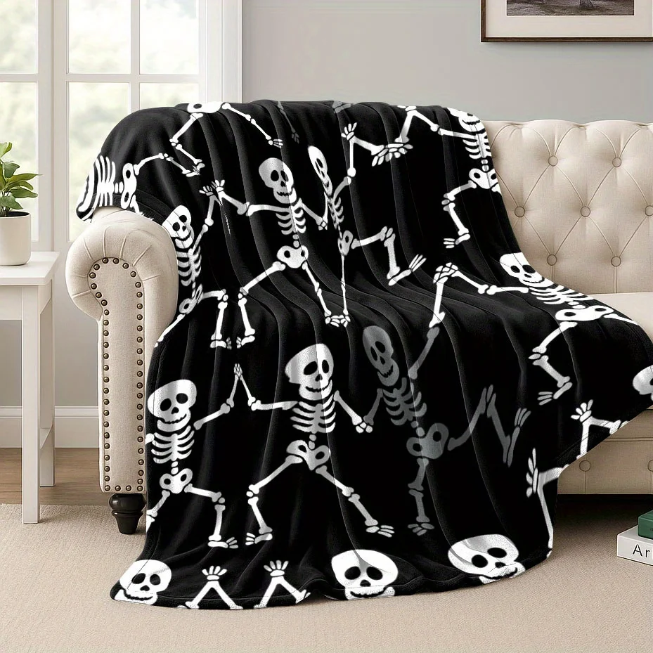 1pc 2DHalloween Skull Print Blanket Ultra Soft Machine Washable Fade Proof Large Size Sofa Throw Pet Safe Removable Washable Coo