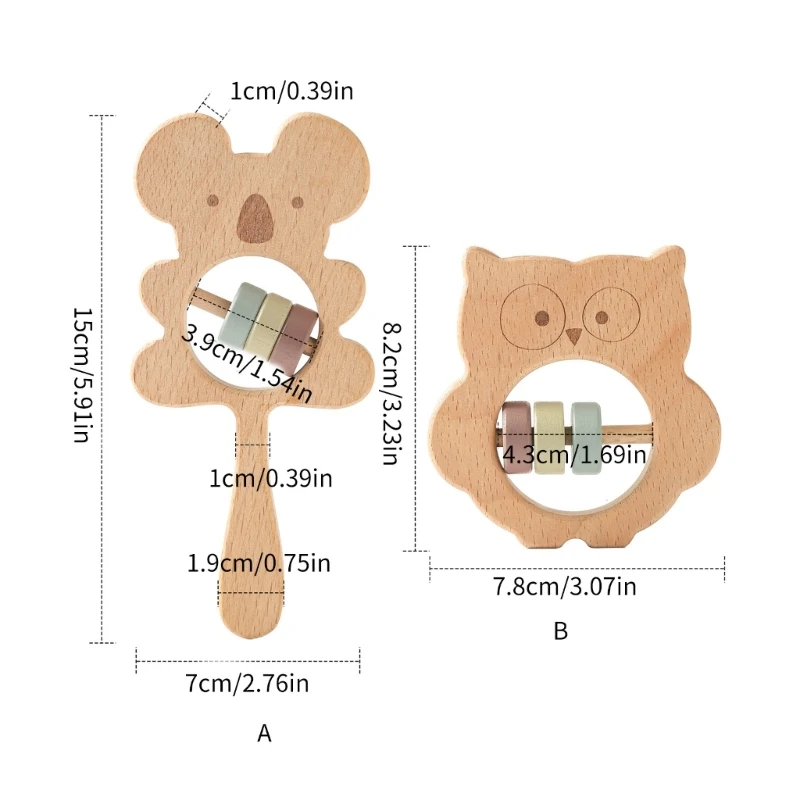 Sonajero Koala/búho dibujos animados, juguete dentición madera para bebé, sonajero con forma Animal, juguete para