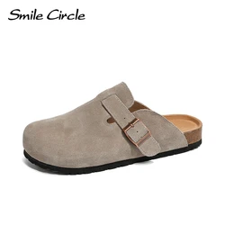 Smile Circle Suede Leather Mules Shoes Boston Soft Footbed Clogs Slippers Women Closed Toe Slippers Flat Shoes For Women