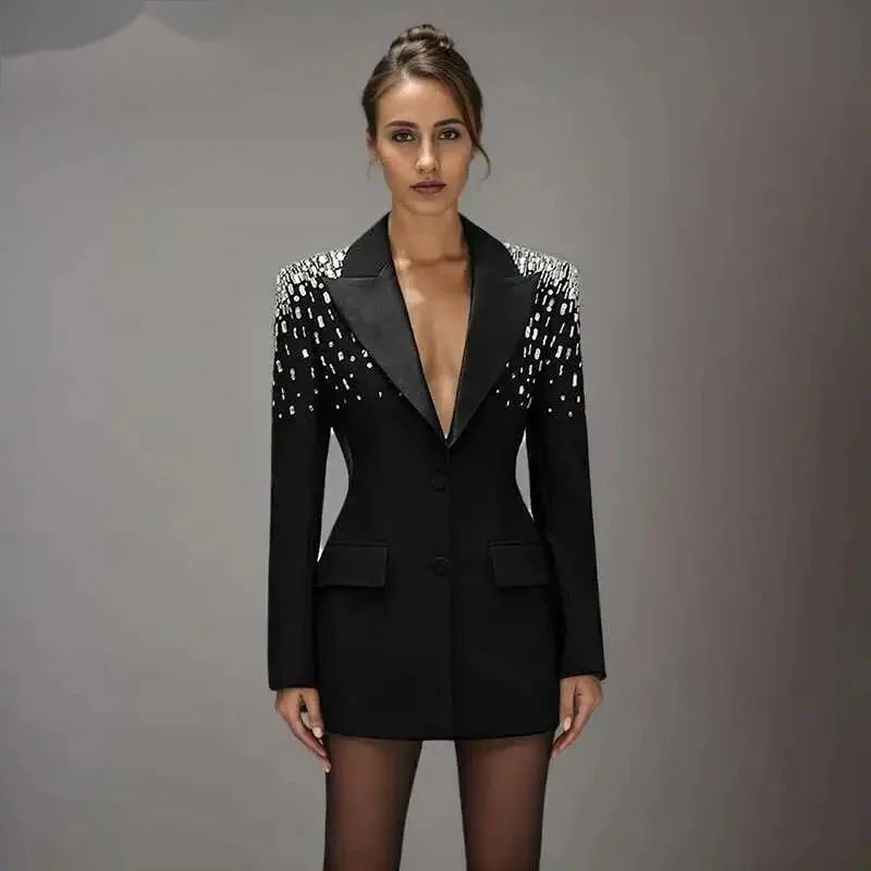 

Fashion Heavy Industry Nail Bead Inlaid Diamond Blazer Women's Notched Collar Long Sleeves Single Breasted Suit Jacke FVEG