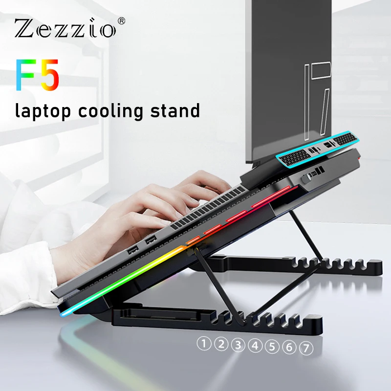 Zezzio F5 RGB Laptop Cooling Pad 12-17 Inch Laptop Cooler Stand 6 Quiet Fans 7 Angle Adjustable With Mobile Phone Holder — Zezzio