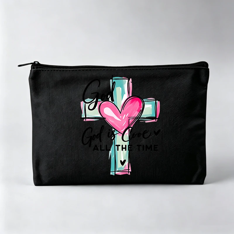 Women's Cross and Heart Graphic Makeup Bag with Slogan Print, Zipper Cosmetic Pouch for Daily Use