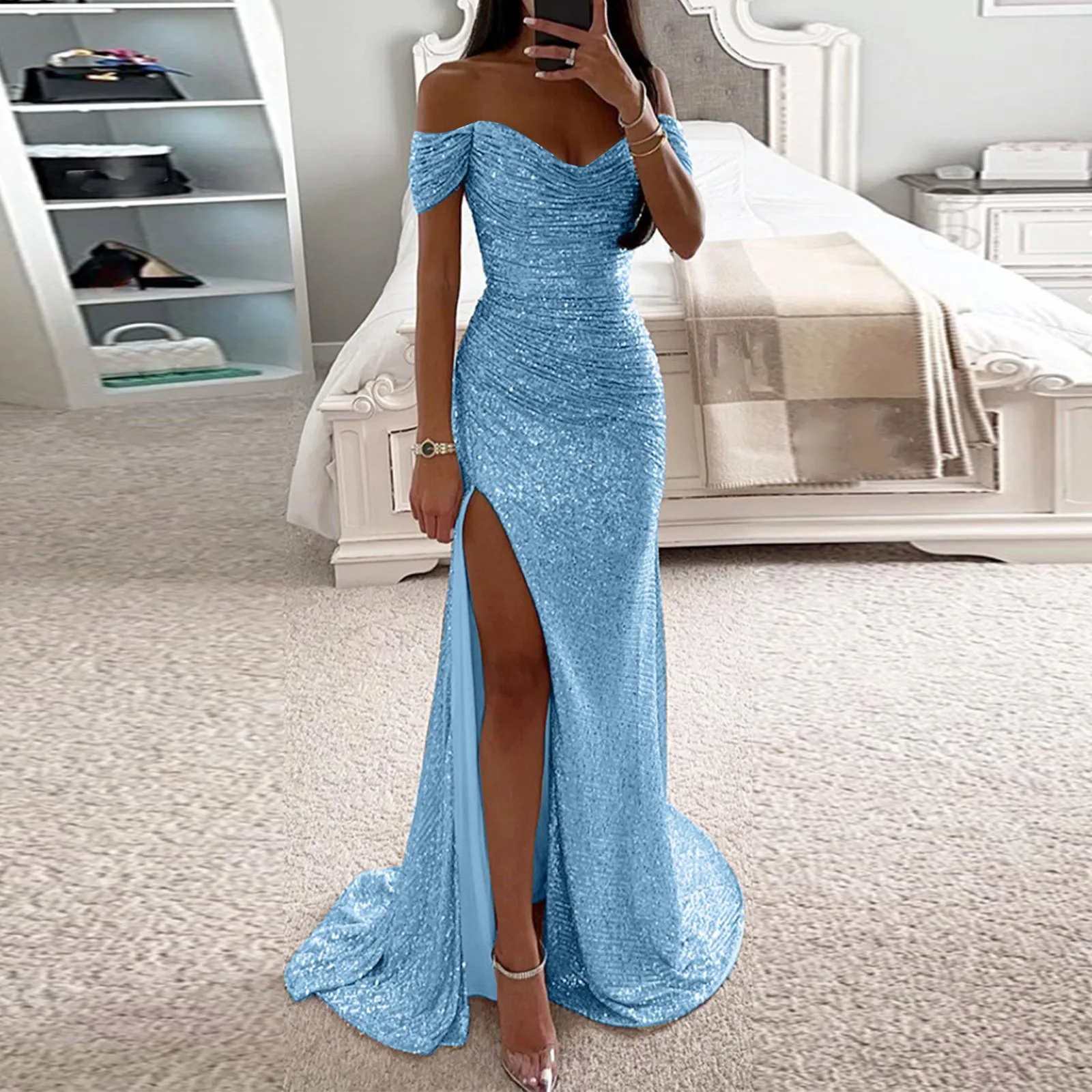 Sequin Pleated V-neck Maxi Dress Off-shoulder Gown Dress Elegant Evening Party Prom Dress with Off Shoulder Slim Sexy for Women