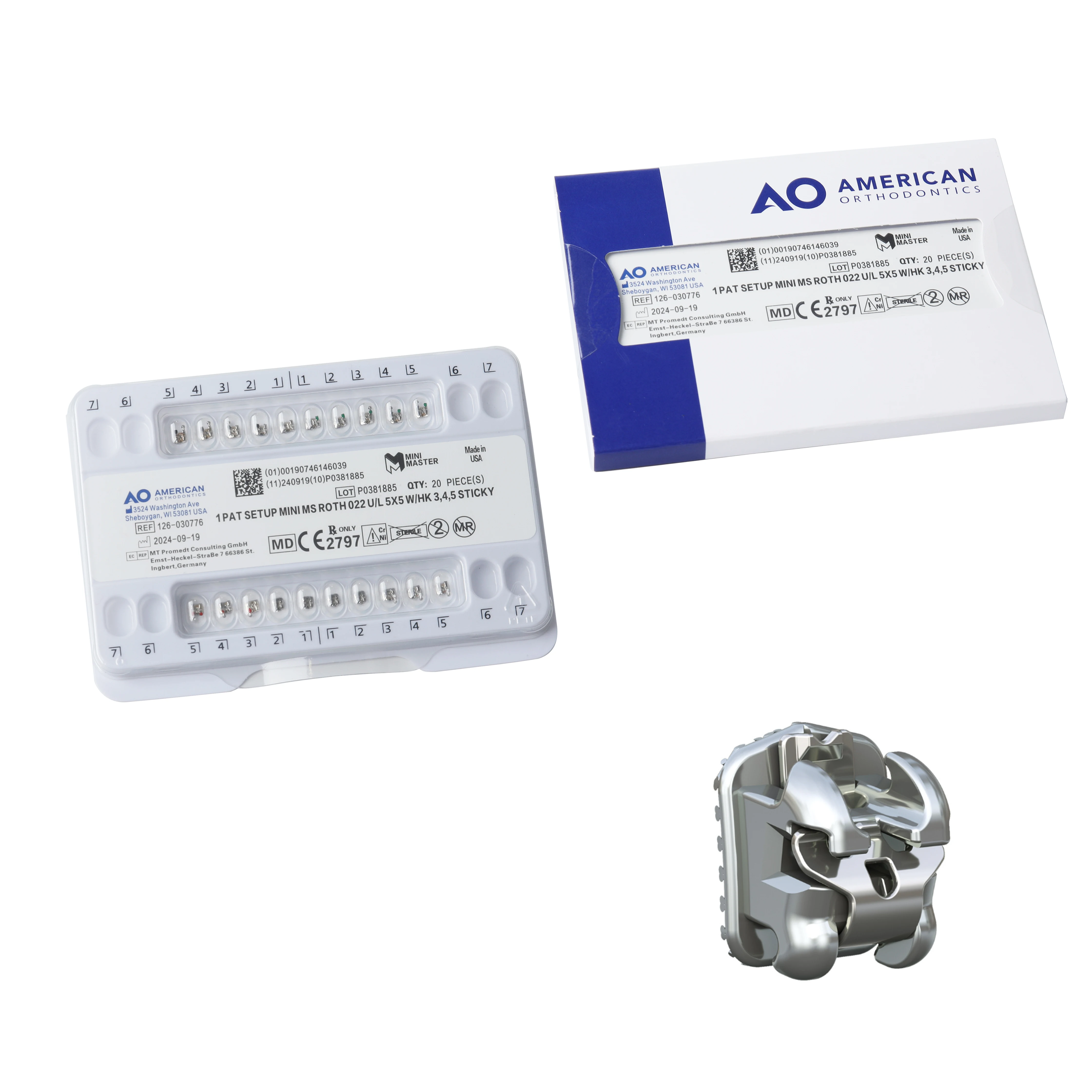 Original American Orthodontics AO Mini Master Metal Brackets MBT Roth 0.022 Mesh Base 5X5 Full Set 20Pcs Bondable Dental Braces