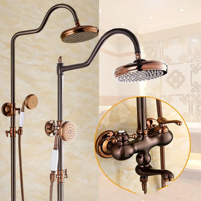 Antique Brass 3 Function Exposed Shower System Set Rose Gold Bathroom Rainfall Faucet  Mixer with Handheld Shower