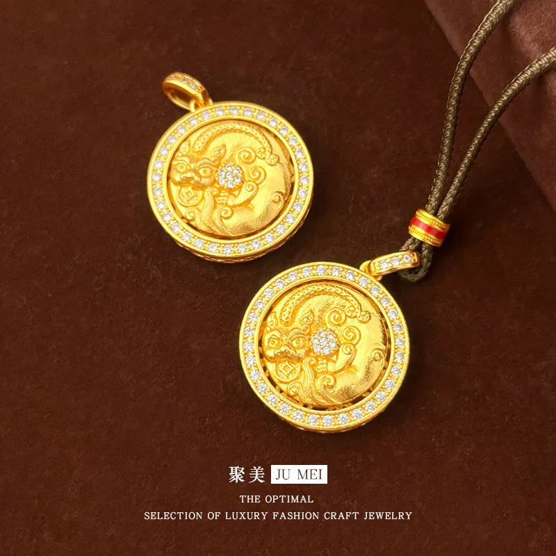 2025 تصميم ضوء فاخر 9999 نقطة الماس الدورية النحاس عملة Pixiu البوصلة 24K حلية ذهبية حقيقية سترة سلسلة قلادة #3