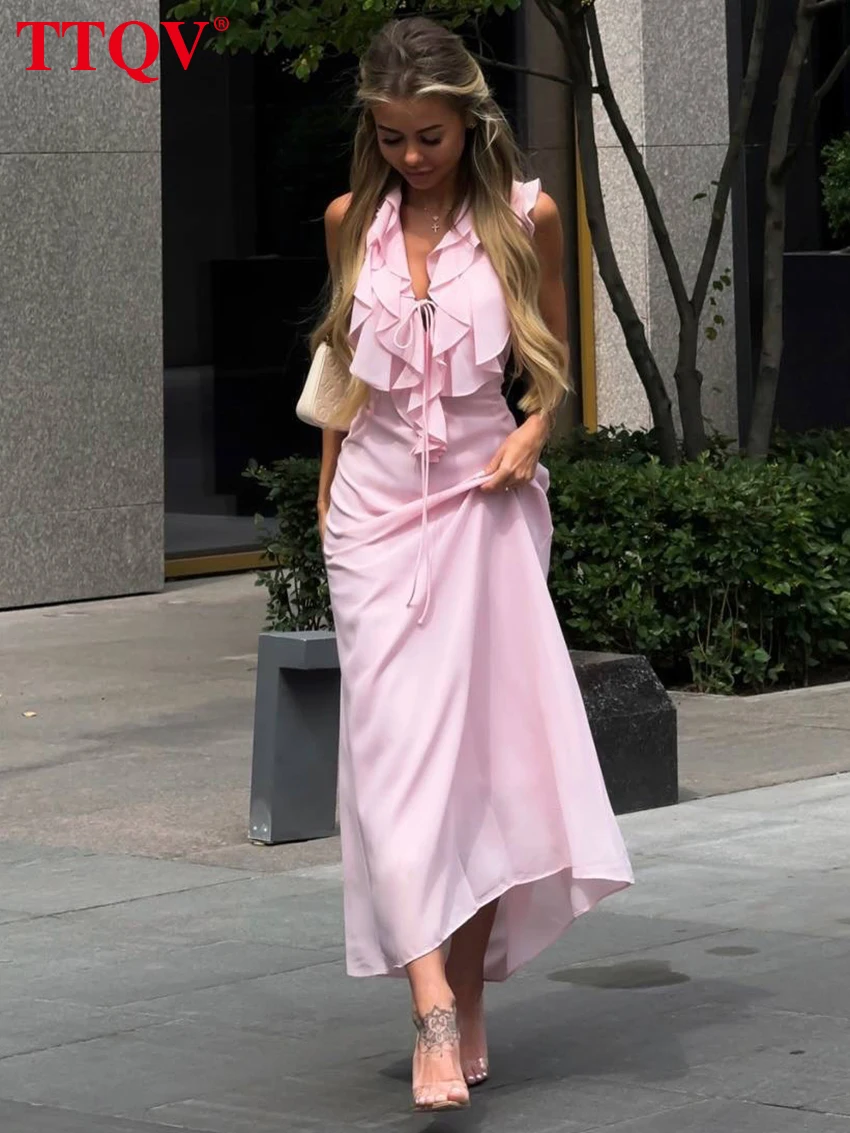

TTQV Summer Slim Pink Women's Dress 2026 Sexy V-Neck Sleeveless Midi Dresses Lady Elegant Classic Ruffles Solid Female Dress