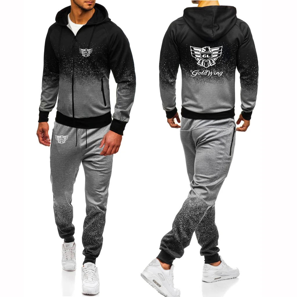 

Goldwing GL1500 New High Quality Sportswear Gradient Color Men's Hoodie + Pants Suit Print Casual Cotton Zipper Sweatshirt Set