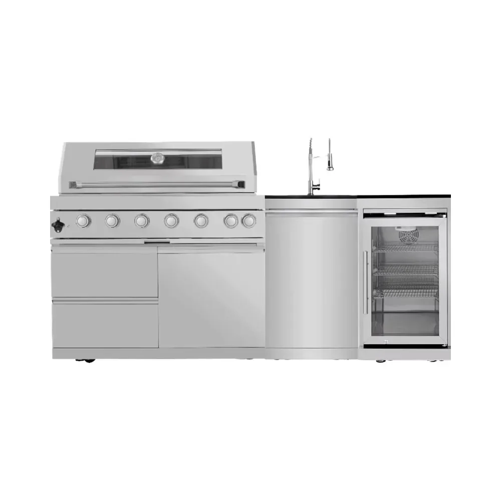 Modern Stainless Steel Outdoor Kitchen Island Silver Sink Beverage Refrigerator Iron Trolley High Propane for Home Parties