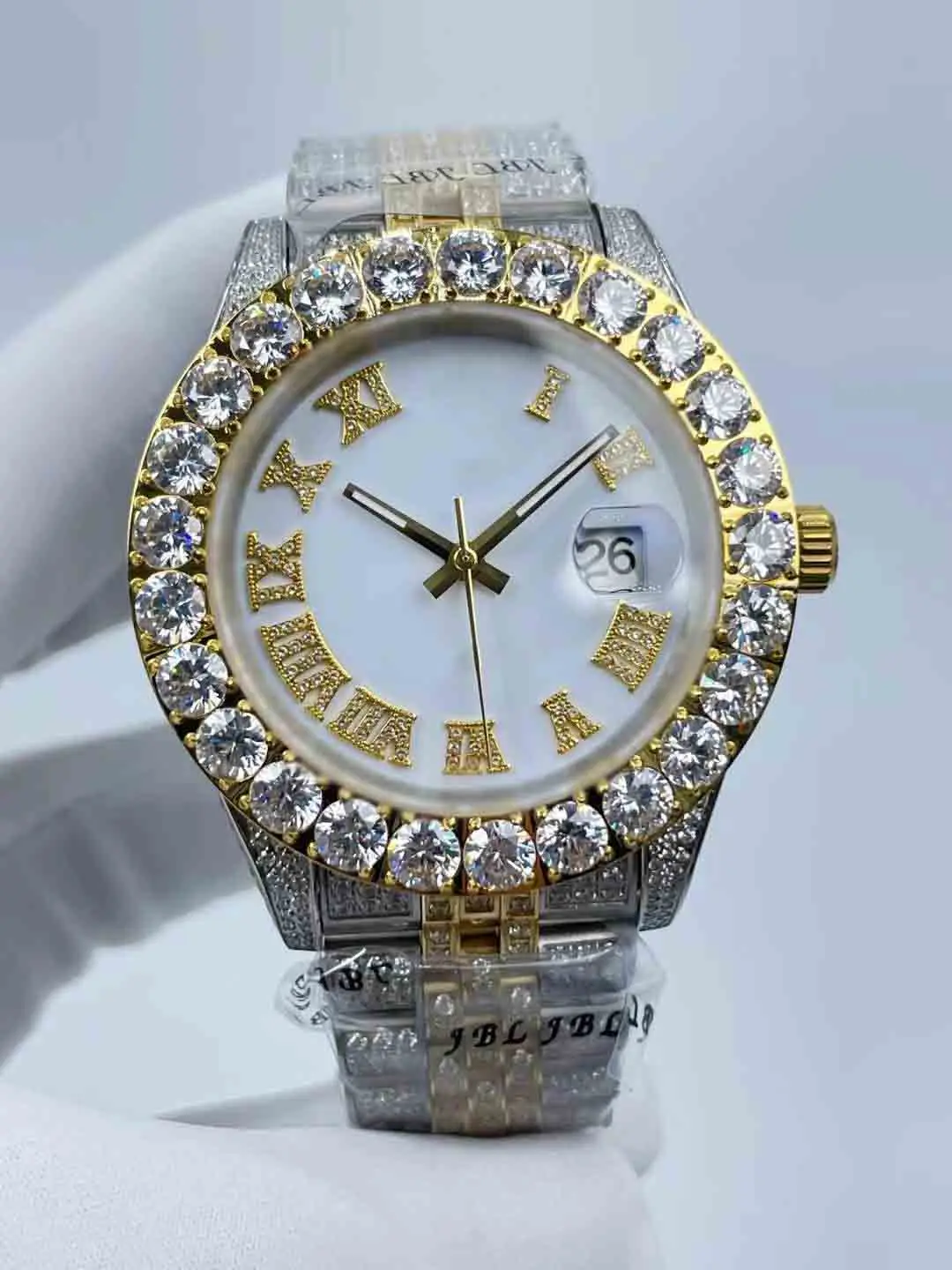 Men's Diamond Watch - Full Diamond Roman Face, Waterproof Calendar Window, Precision Steel Strap