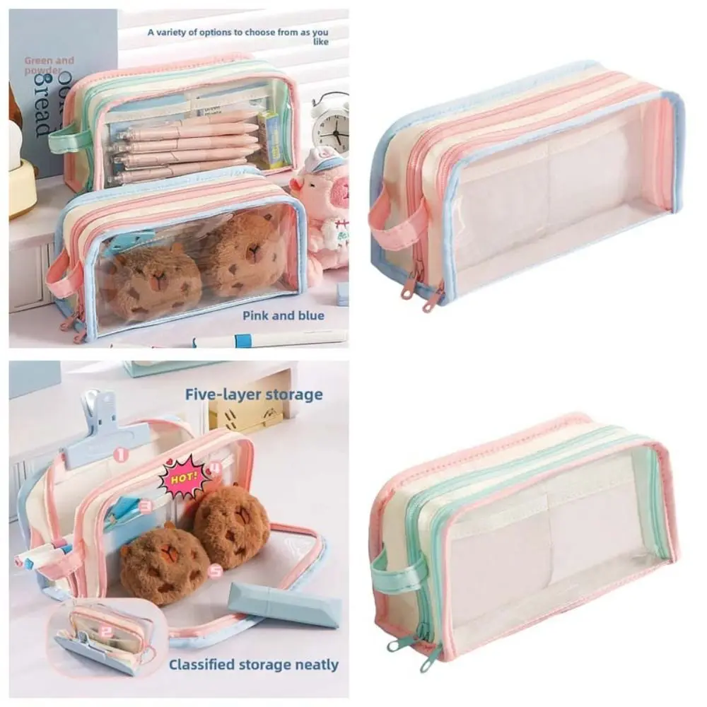 

Transparent Display Korean PVC Stationery Bag Multilayer Large Capacity Korean Style Pencil Case Aesthetic Desktop Storage