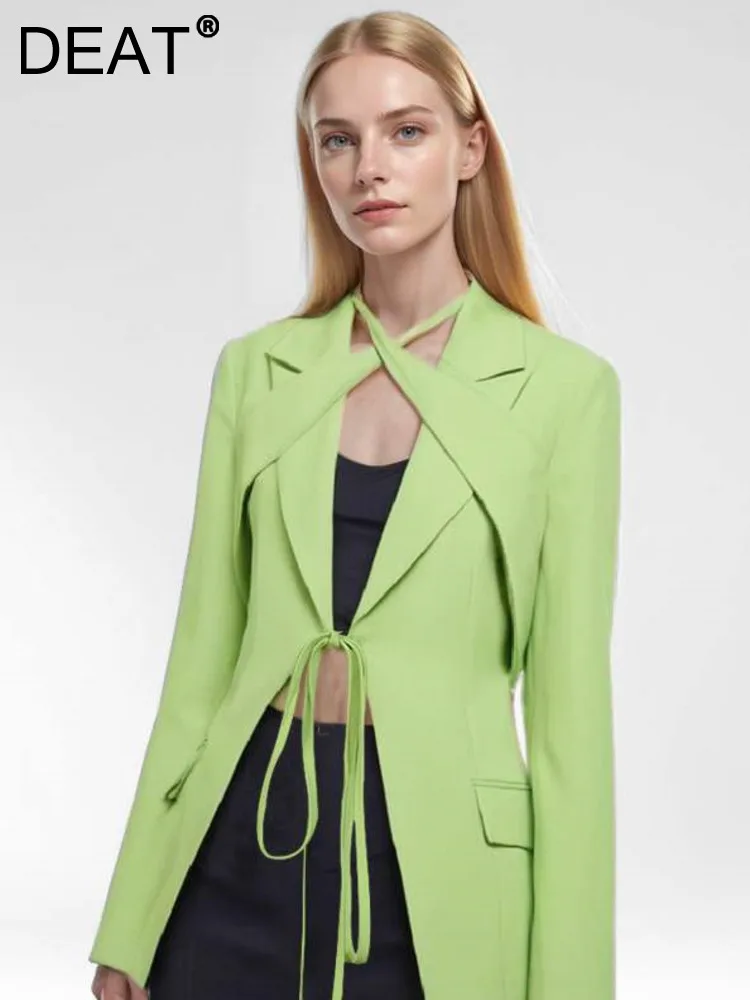 DEAT Fashion Women\'s Blazer Notched Lace-up Slim Pockets Patchwork Deconstruction Green Suit Jackets Autumn 2024 New Tide CP1984