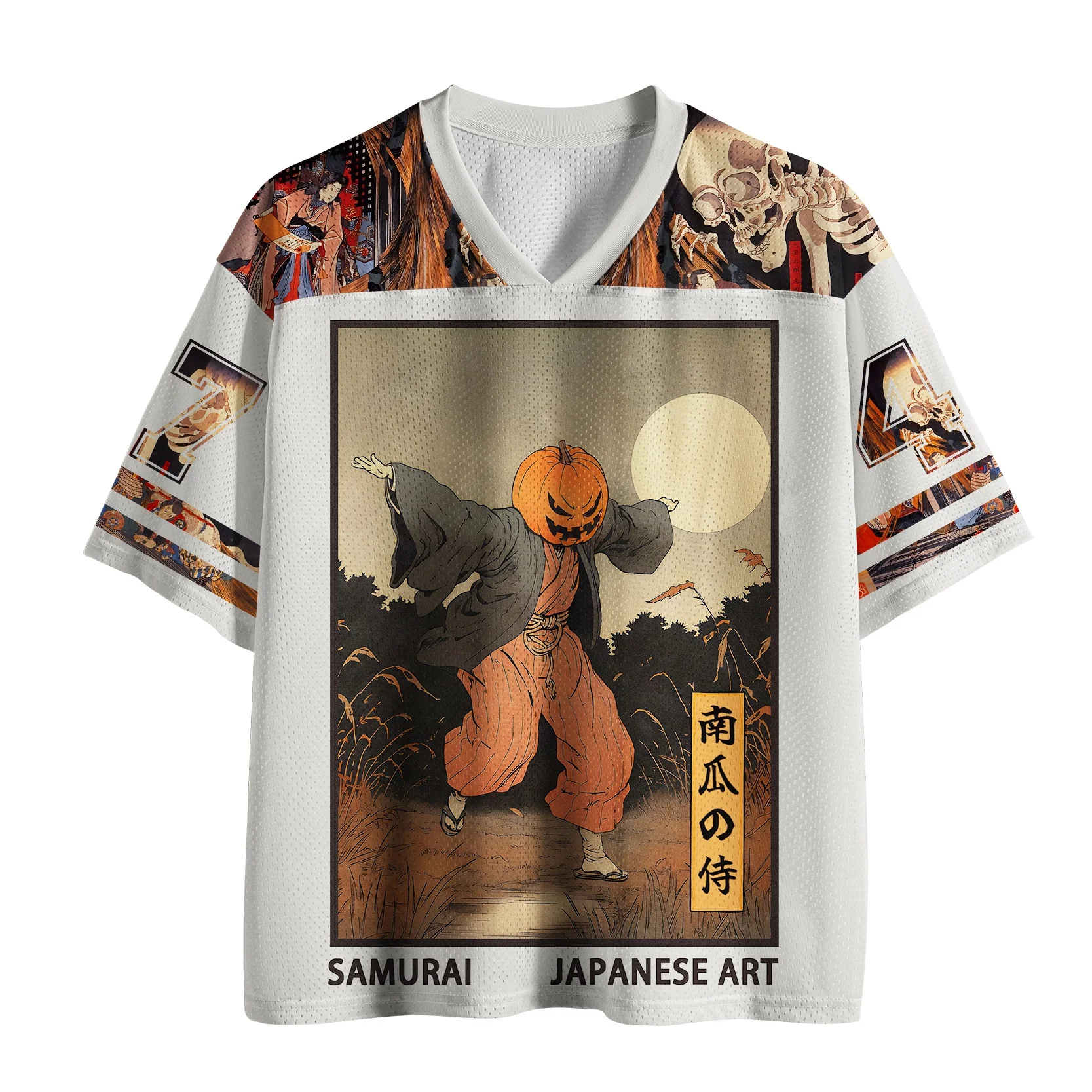 2026 New Pumpkin Warrior Printed Mesh Jersey Mesh V-neck T-shirt Halloween Street Wear Adult and Children's Style
