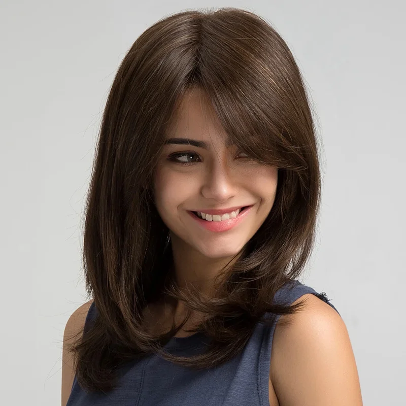 Eesin วิกผมวิกผมผู้หญิงลอนวิกผมน้ำตาลเข้มสังเคราะห์พร้อมผมม้าทนความร้อนใช้ในงานปาร์ตี้ทุกวันตามธรรมชาติ