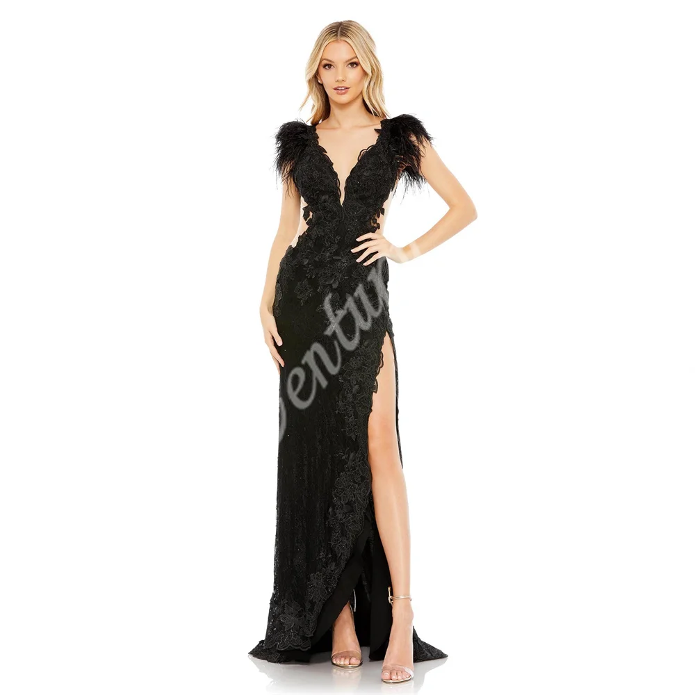 Black V Neck Evening Dresses for Women High Slit Customized Prom Dress Lace Applique Feather Formal Party Gowns robe de soirée