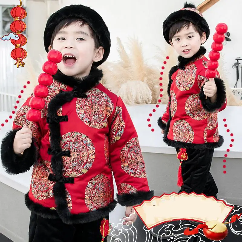 Winter New Boys Cotton Tang Suit Kids Embroidery Cotton-padded Clothes Girls Chinese Lovely New Year Outfits