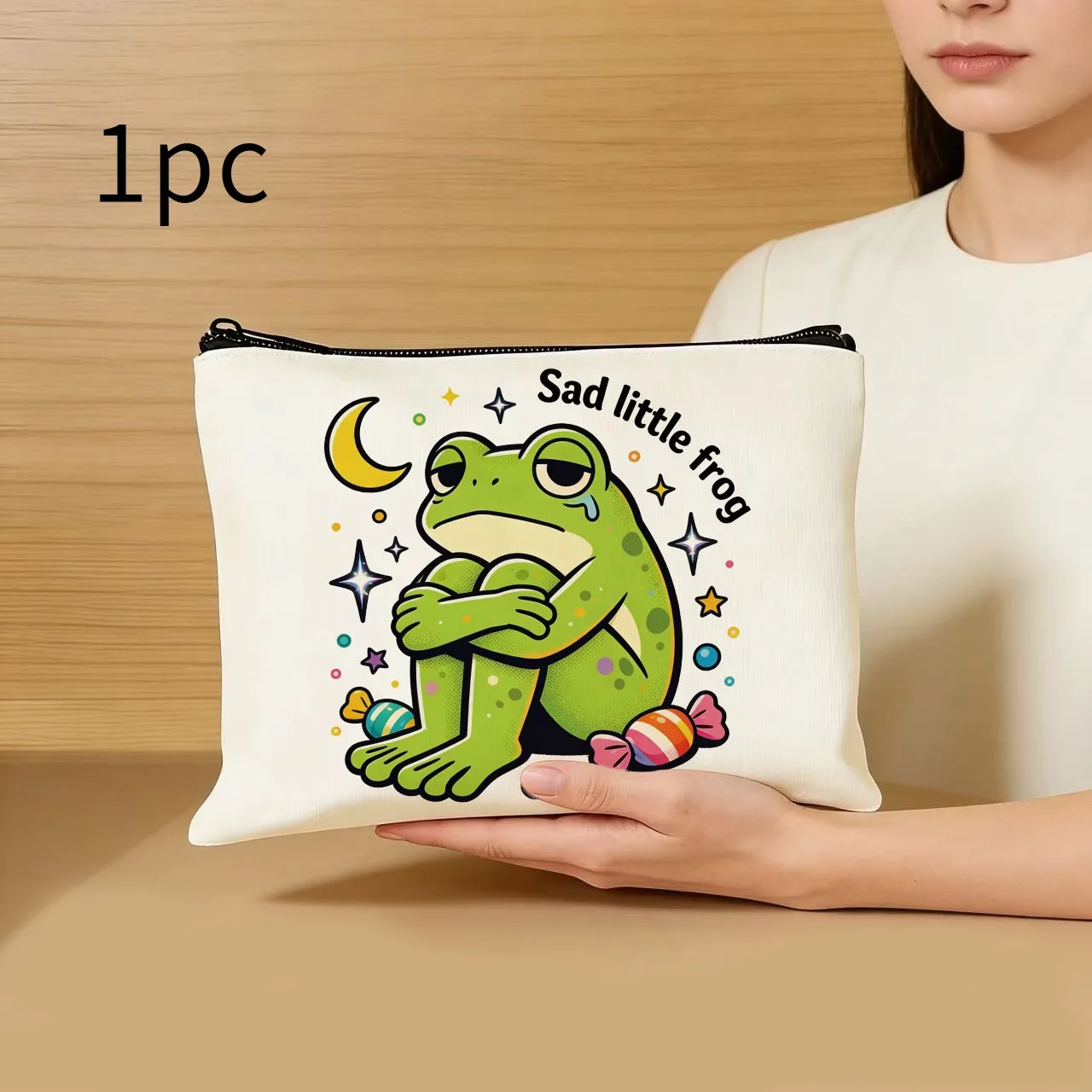 

1 шт. холщовая сумка с изображением лягушки, большая вместительная многофункциональная креативная сумка-пенал на молнии, портативная сумка с ручкой