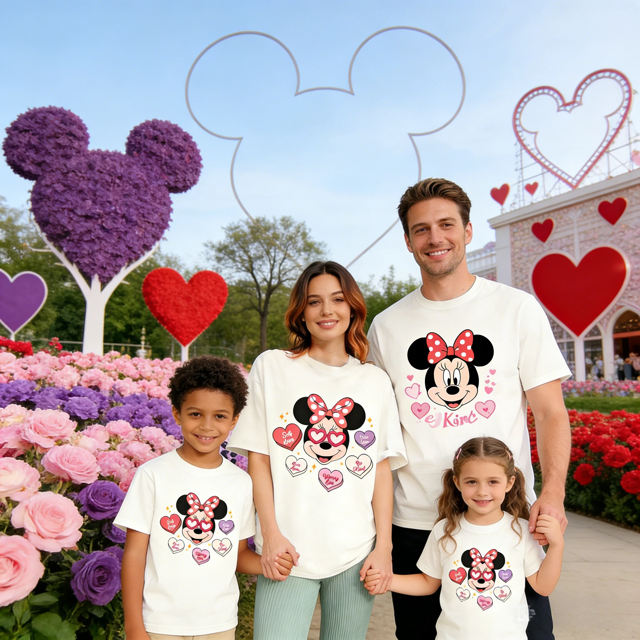

Летняя футболка оверсайз с Минни Маус 2026, высокое качество, 100% хлопок, бежевая, с графическим принтом «Сердце любви» и конфетами, унисекс, повседневная