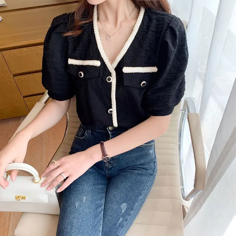 Women's Clothing Lace Spliced V-Neck Shirts French Style Short Sleeve Summer New Basic Solid Color Elegant Stylish Button Blouse