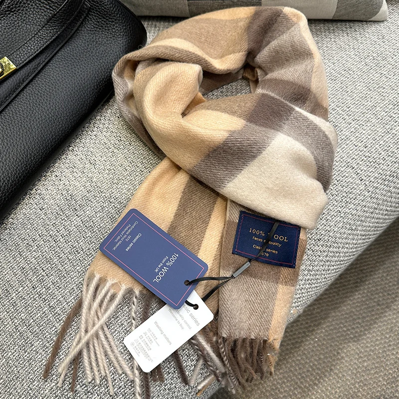 

British Classic High Quality Australian Wool 100% Plaid Scarf Men Women Autumn Winter Warm Striped Shawl Wrap Cashmere Blankets