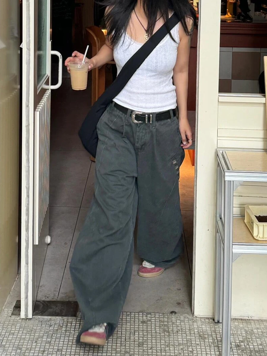 

Grey Womens Jeans High Waist Vintage Straight Winter Y2K Classic Denim Pants Streetwear American Wide Leg Baggy Denim Trouser