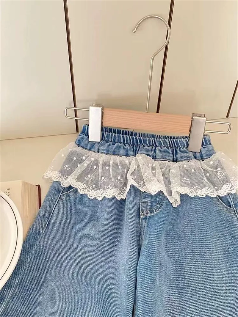 الفتيات خياطة الدانتيل الدنيم السراويل ربيع الخريف المطرزة القوس الجينز الأطفال ملابس الاطفال مستقيم أرجل السراويل فضفاضة