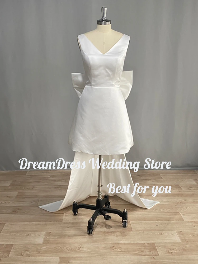 DREAM-Mini robe de soirée de mariage en satin personnalisée, robe courte à col en V, grand nœud, dos ouvert, fibre au-dessus du genou, patients, quelle que soit 2025