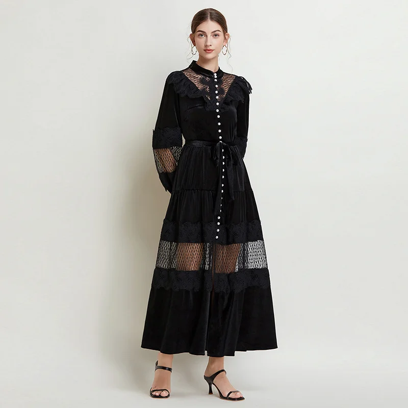 Palace Style Dress Women's French 2025 Retro Fashion Stand Up Collar Pearl Single Breasted Lace Patchwork Velvet Long Skirt