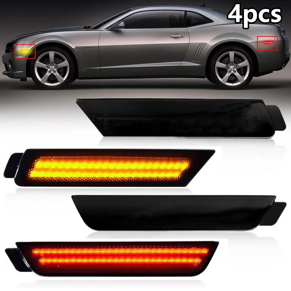 

4Pcs LED Bumper Side Smoked Marker Light for Chevy Camaro 2010 2011 2012 2013 2014 2015 Amber Red Front Rear LED Fender Lamps