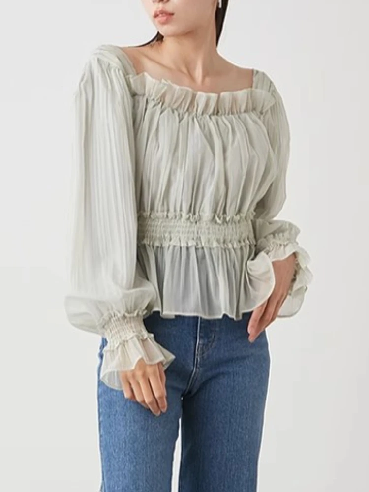 2024 Spring New Mesh Slash Neck Puff Sleeve Shirts Pleated Slim Waist Elegant Blouse Women Japan Style Chic Sweet Blouses