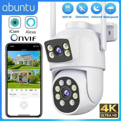 Imagen 1 del producto Cámara Wifi 8MP 4K ICsee para exteriores, lente Dual, pantallas duales, cámara de vigilancia H.265, detección humana, cámaras de seguridad de visión nocturna