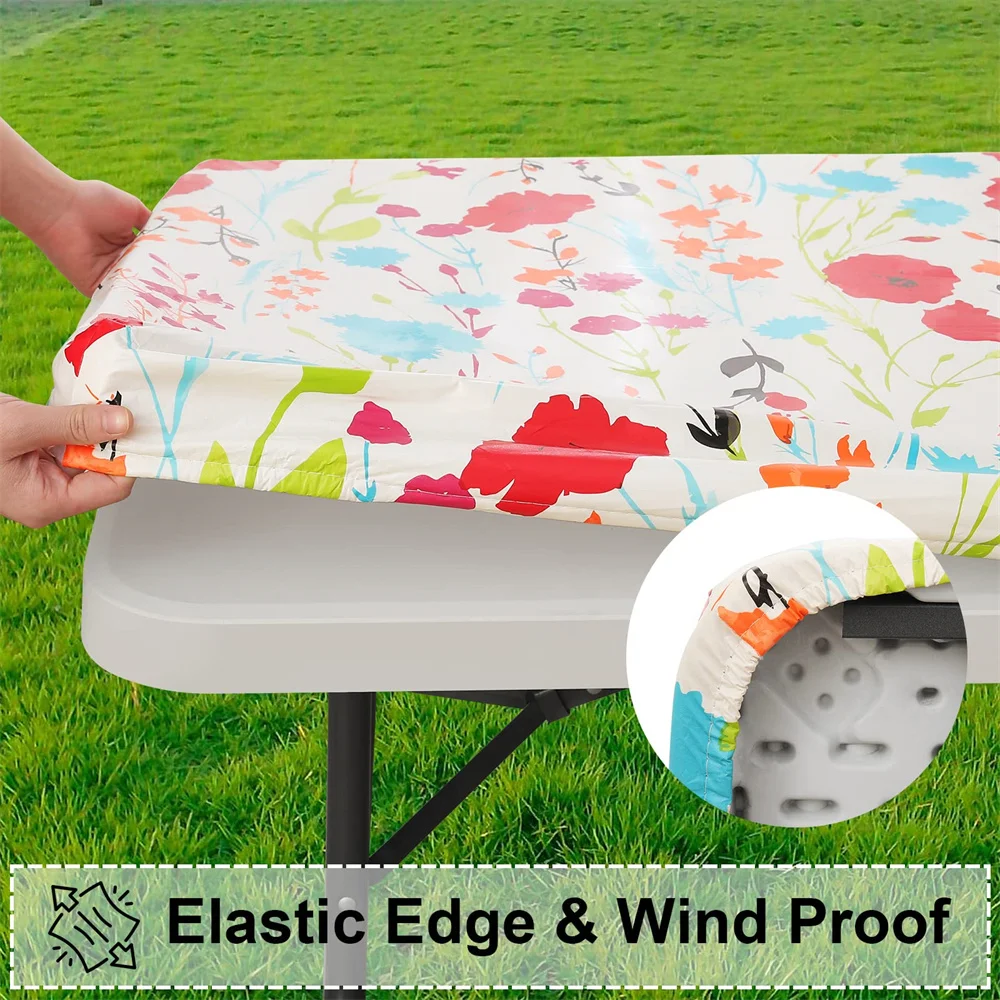 Kitinjoy Rectangle Table Cloth Fitted Flannel Backed Tablecloth Waterproof Wipeable Decor Party Dining Table Cover For Camping