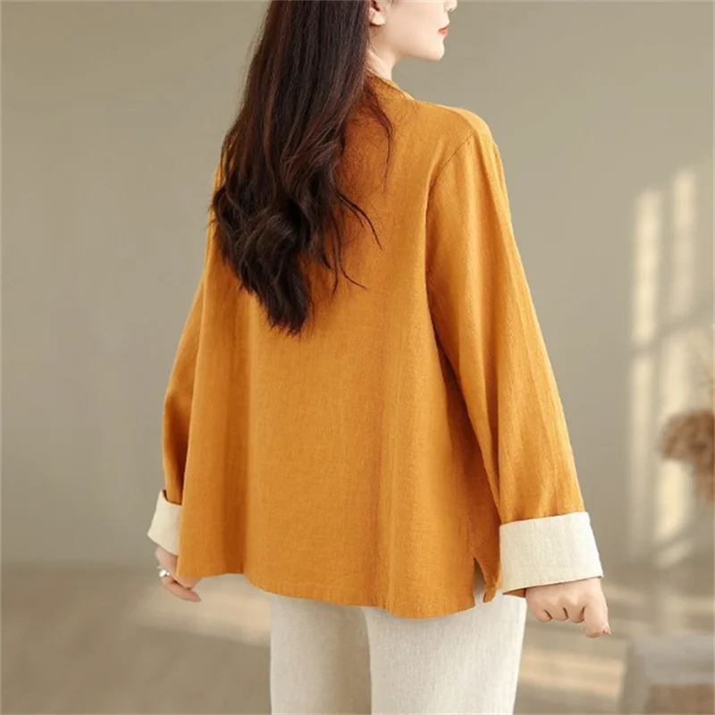Retro Loose Bouse Women's Shirt Coat Chinese Cotton-Linen Shirt Color Contrast Outwear Retro Disc Top Cardigan Female Shirt