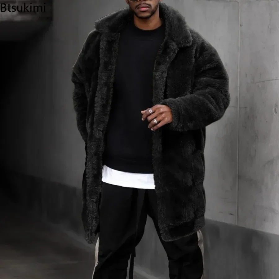 Autumn Winter Men\'s Mid-length Style Plush Jacket Fashion Casual Fluffy Warm Coat Male Solid Tops Loose Thermal Jacket Outerwear