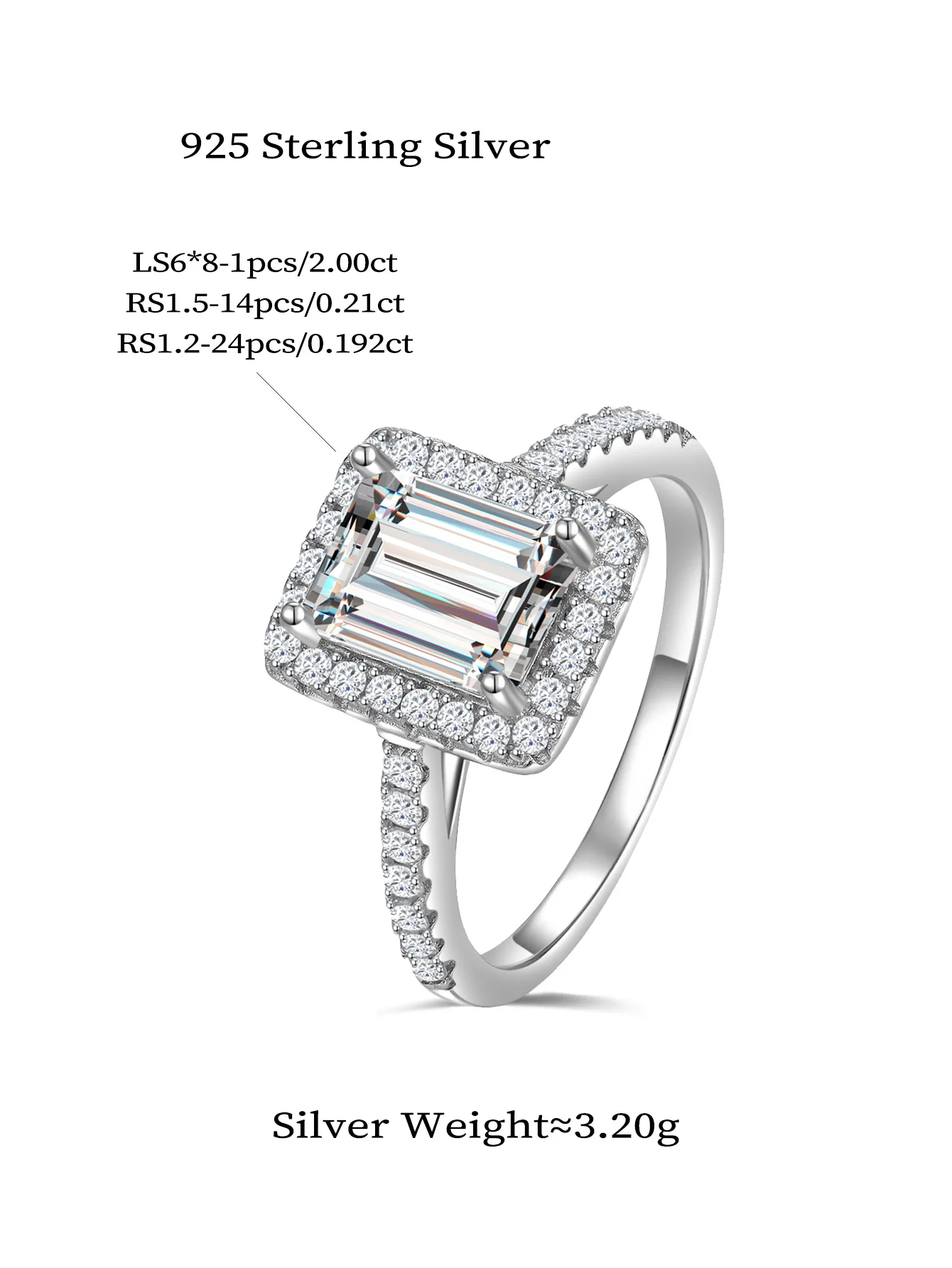 New Arrival 2Carat Halo Emerald Cut Moissanite 925 Sterling Silver Ring for Women Moissanite Wedding Ring Girl