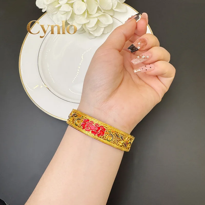 

Cynlo Jewelry Hollow Filigree Enamel Peony Open Bracelet Women 24K Gold AU999 - Classic peony, lively filigree, durable enamel