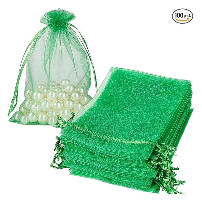 100 Pieces Of Pearl Yarn Bags, Organza Bags, Drawstring Display Bags, Christmas Candy Gift Bags, Green 15 X 20Cm