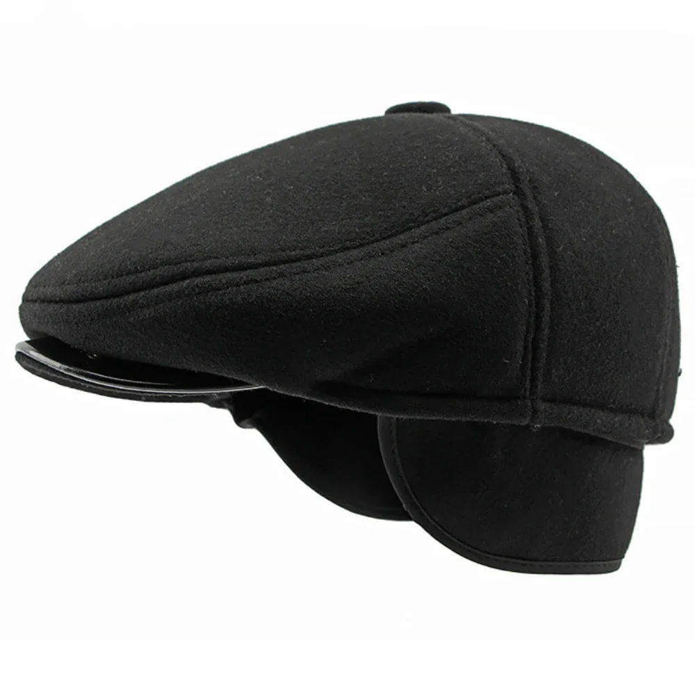 HT4287 Thick Warm Winter Caps for Men Solid Black Grey   Flat Cap Male 5 Panels Beret Hat with Ear Flaps Beret Caps