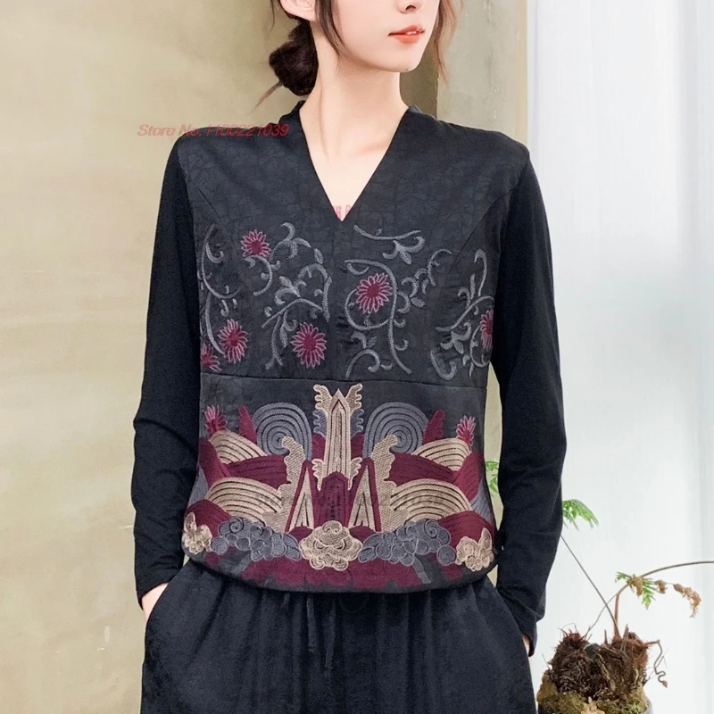 

2025 national flower embroidery satin jacquard patchwork shirt chinese vintage base shirt oriental improved v-neck folk shirt
