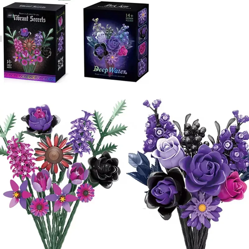 

Simulation Purple Rose Bouquet MOC Building Blocks Artificial Flower Botanical Decor DIY Toy Small Bricks Valentines Girls Gifts