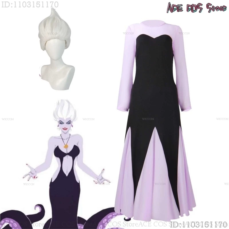 Womens Mermaid Ursula Cosplay Costume Wig Halloween Villain Party Masquerade Octopus Role Play Clothes Purple Maxi Dress Skirt