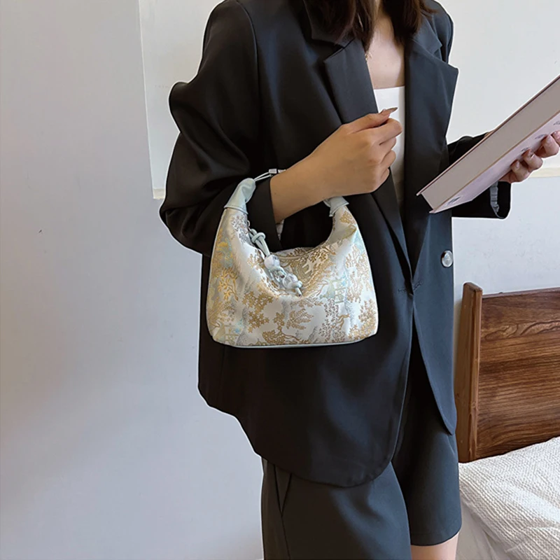 Chinese Ancient Style Wrist Bag Ladies Multi Functional Hanfu Accessories Handbag Lace Embroidered Fabric Crossbody Shoulder Bag