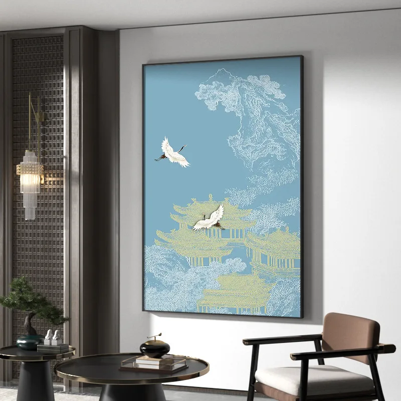 

New Chinese-style decorative landscape Zen crane artistic conception Chinese style red hanging painting light luxury