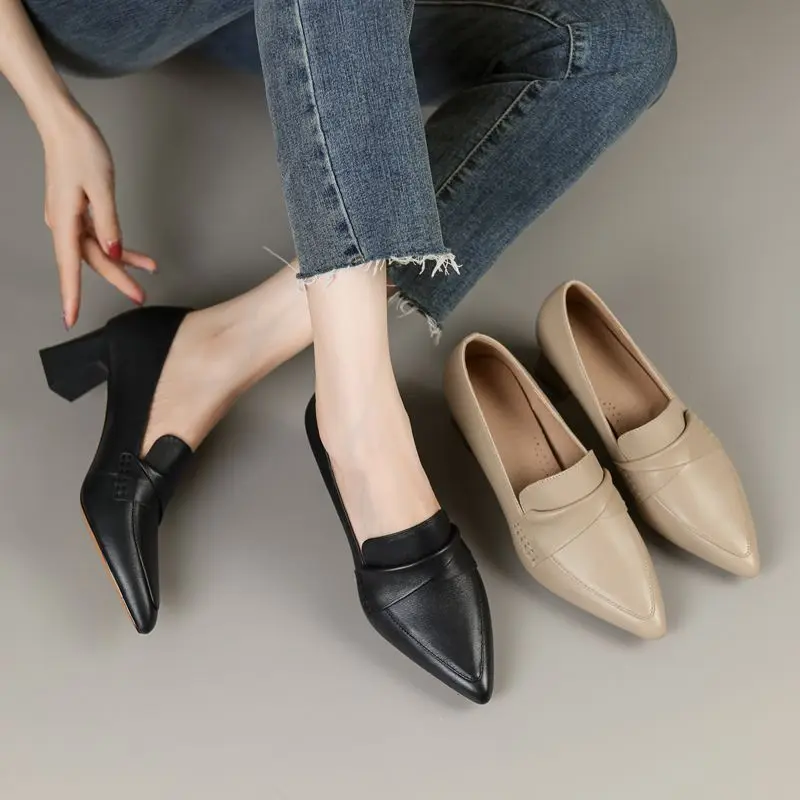 2023 New Women Pumps Pu Leather Work Shoes Soft Chumly High Heels Women Pointed Toe Pumps Casual Slip on Solid Heels Women Shoes