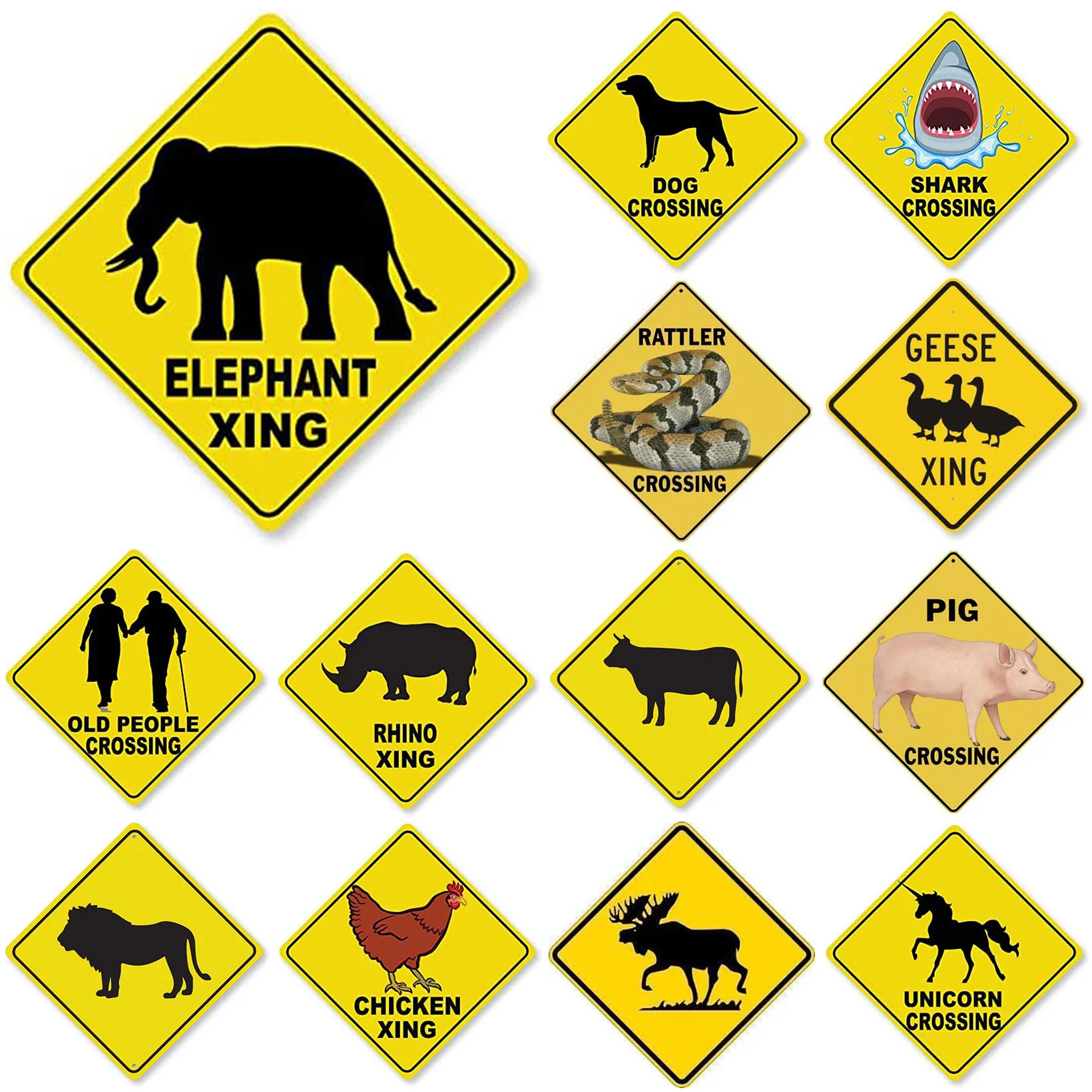 Animal Elephant Xing Crossing Metal Tin Road Signs Aluminum Reflective Black on Yellow Metal Sign Weatherproof for Outdoor Use
