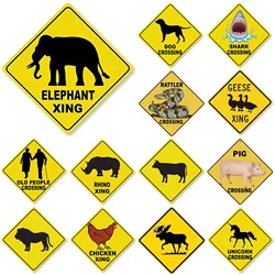 Animal Elephant Xing Crossing Metal Tin Road Signs Aluminum Reflective Black on Yellow Metal Sign Weatherproof for Outdoor Use