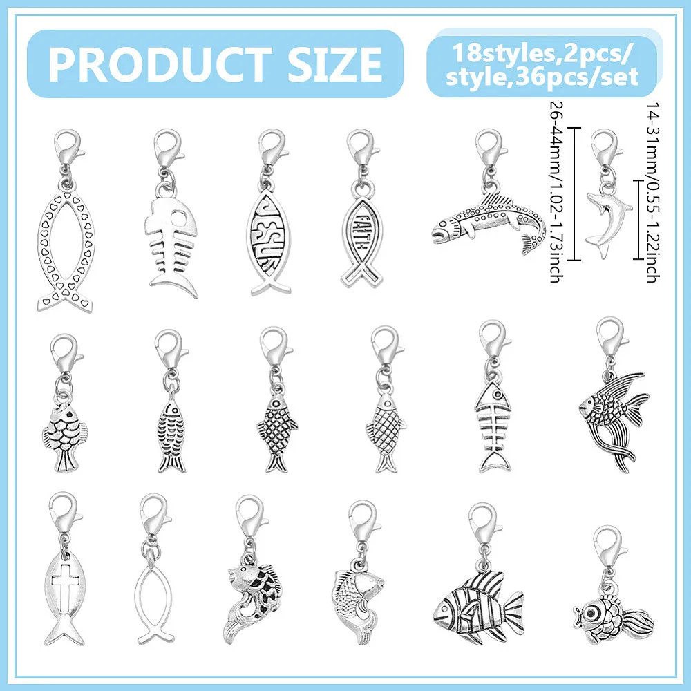 36 Pcs 18 Styles Fish Charms with Lobster Clasp Dolphin Fish Fishbone Carp Clip on Charms Assorted Silver Zipper Puller Pendants